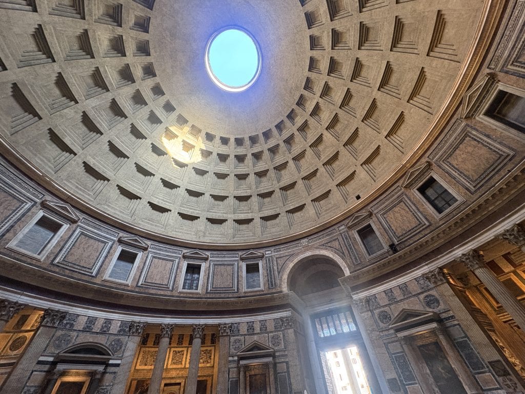 Interior of the Pantheon in Rome - looking up to the opening in the dome.