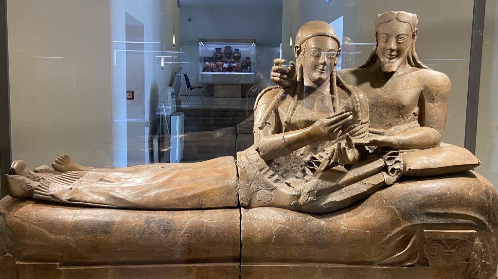 Famous Etruscan sarcophagus showing a married couple sculpted in marble at the etruscan Museum in Rome.
