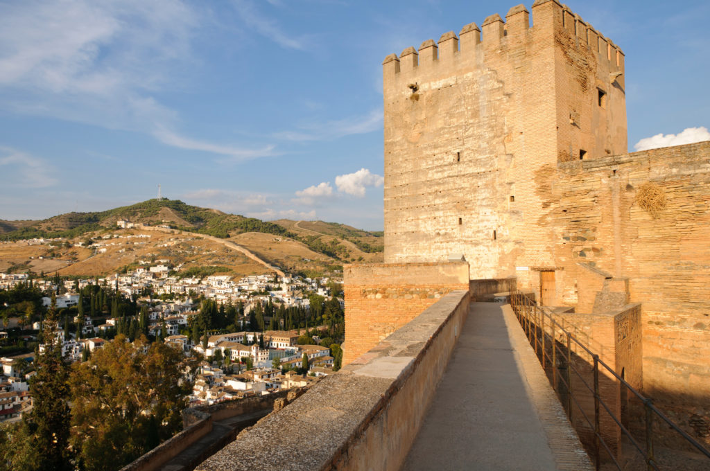 One of the huge towers of the Alcazaba fortress inside the Alhambra, a place to see while visiting Andalusia