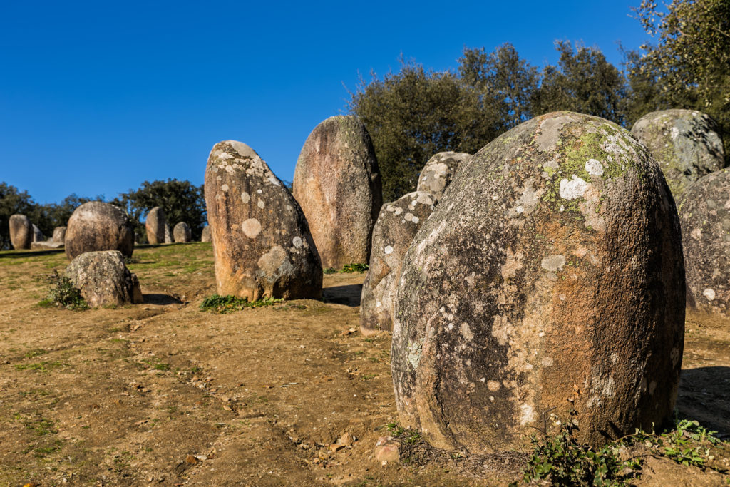 Almendres megalithic enclosure near Evora in Portugal