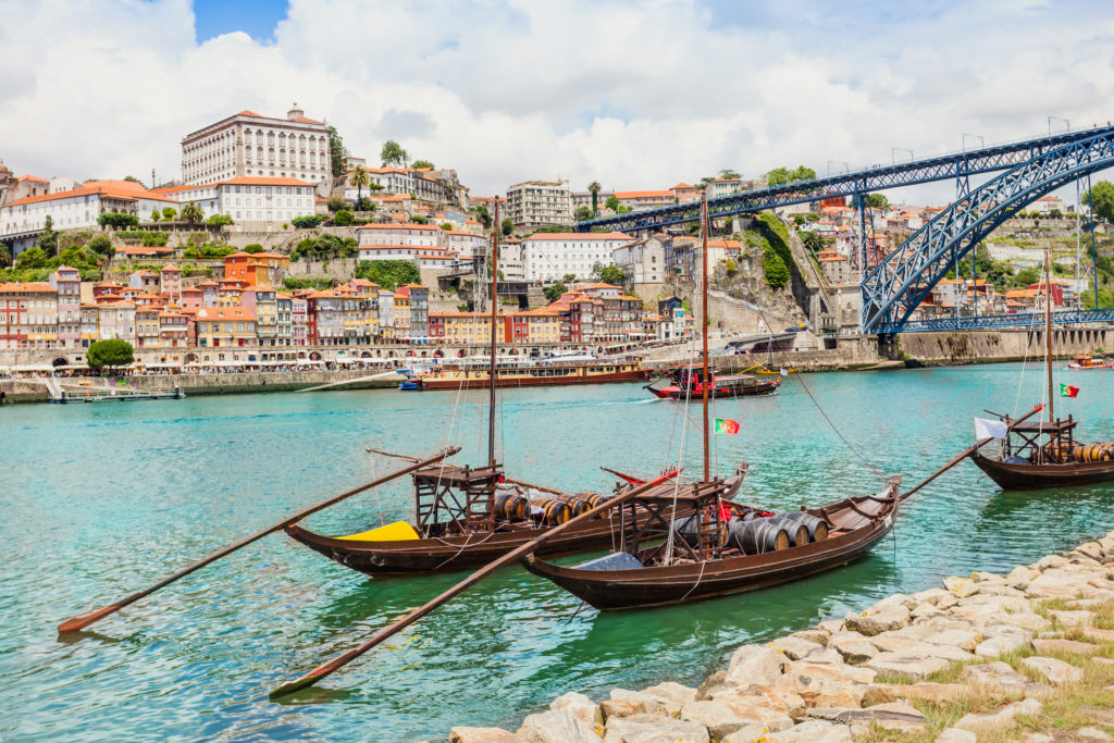 Cork boats moored on the Douro River in Porto