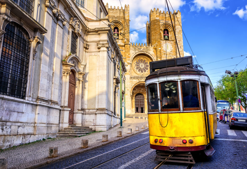 Lisbon tram leaving the Alfama district