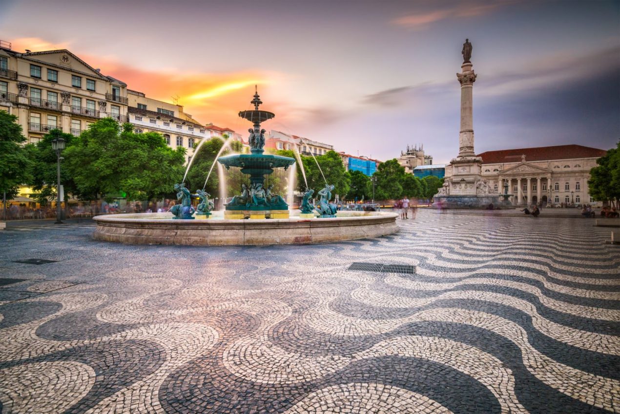 Plaza in Lisbon with wavy lines in the pavement