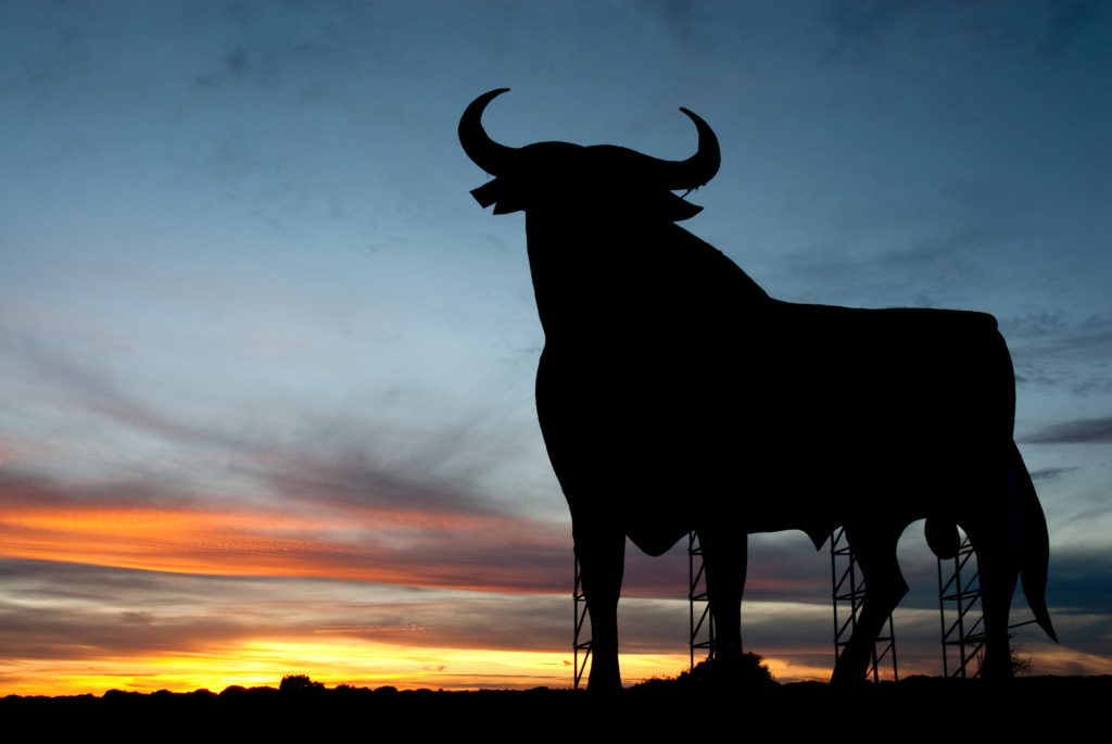 Osborne Bull at sunset in Spain; visible on roadsides and a special sight when visiting Spain