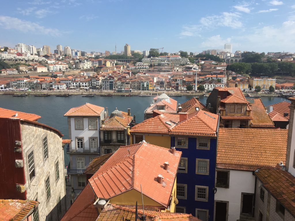 view over Porto rooftops to the Douro River.