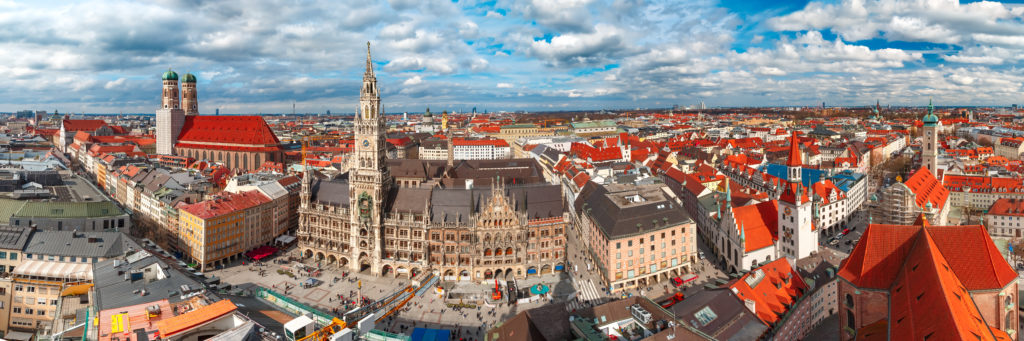 Aerial panoramic view of Frauenkirche, Marienplatz Town hall and Old Town Hall in Munich, Bavaria, Germany