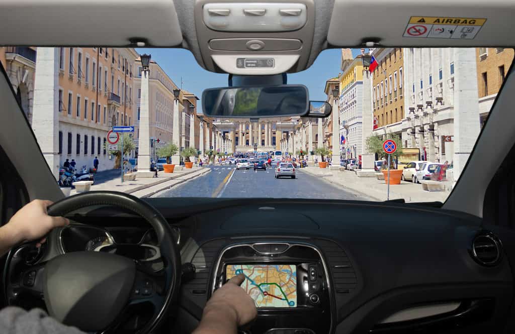 GPS system in a car driving in Rome