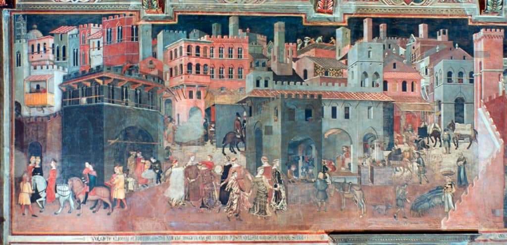 Allegory of Good and Bad Government by Ambrogio Lorenzetti in the Palazzo Pubblico, Siena: Public Domain