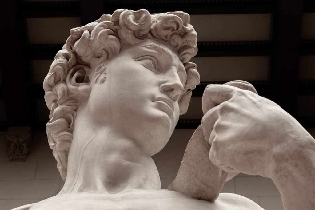 Head of Michelangelo's David in the Academia Gallery in Florence