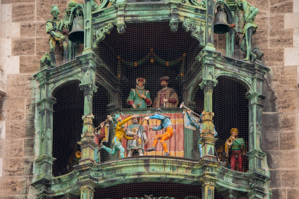 The dolls dancing in the clock of Marienplatz in Munich, Germany.