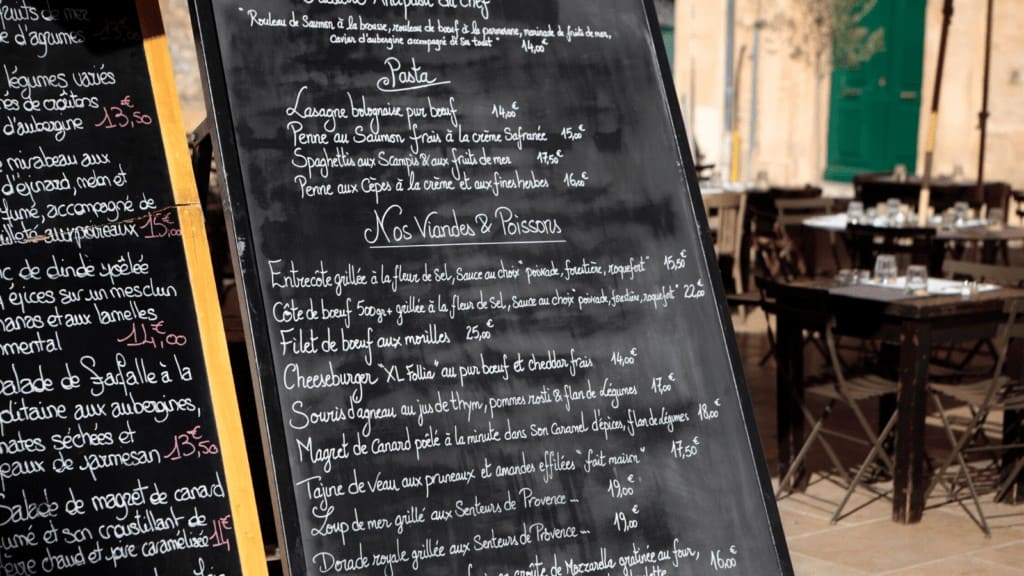 Chalkboard showing a regular-sized menu for a typical bistro in France 