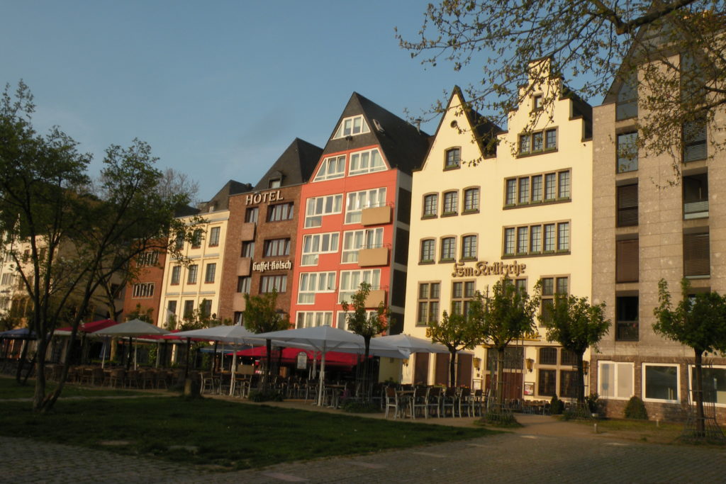 Buildings in Cologne alongside the walkway bordering the Rhine