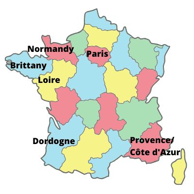 Map of France showing recommended regions to explore in France