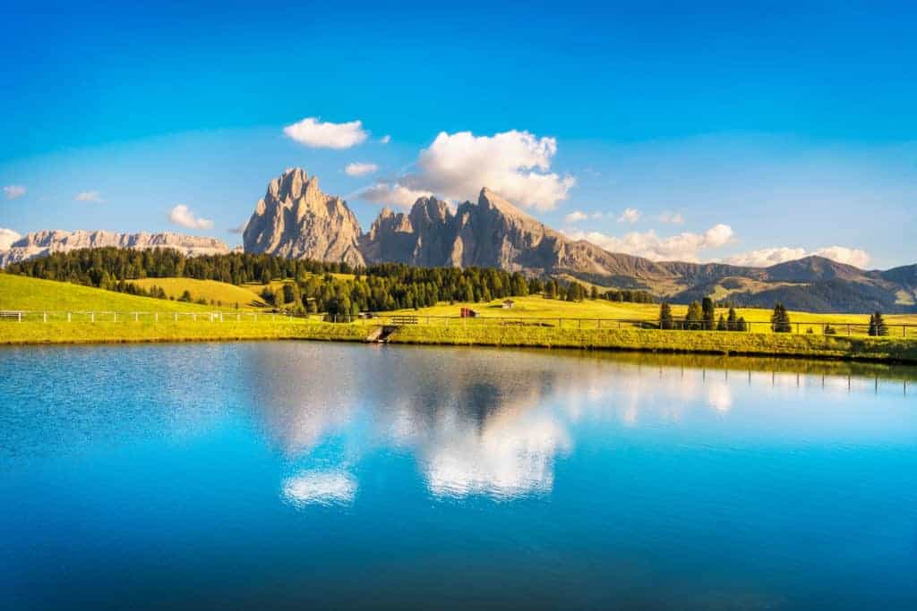 View of peaks in the Dolomites from Alpe di Siusi