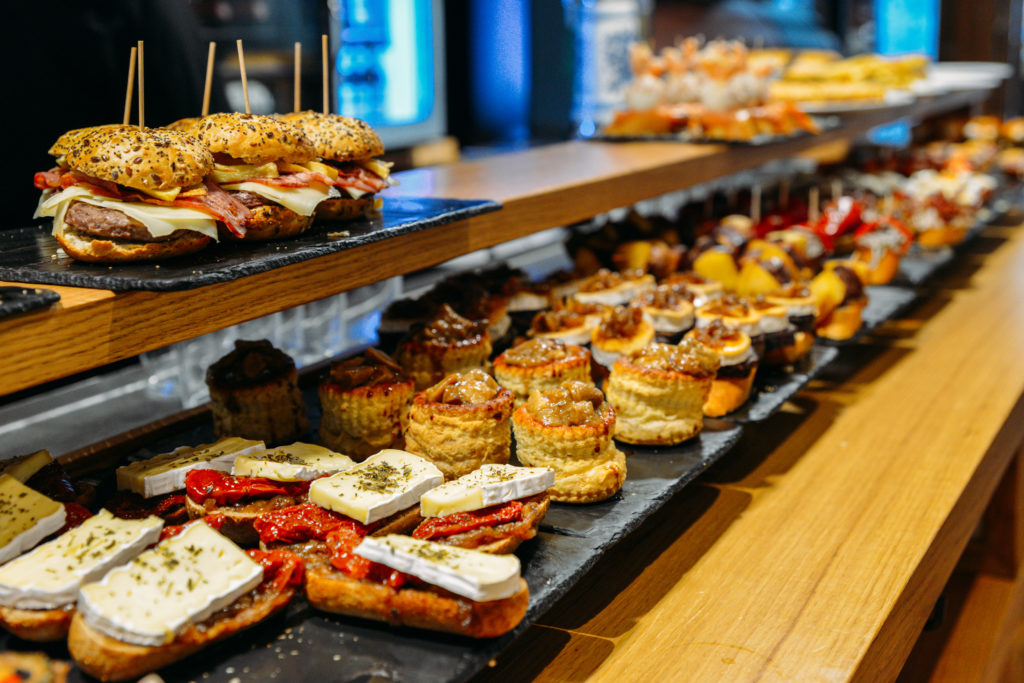 Platters of pinchos on a bar in San Sebastian