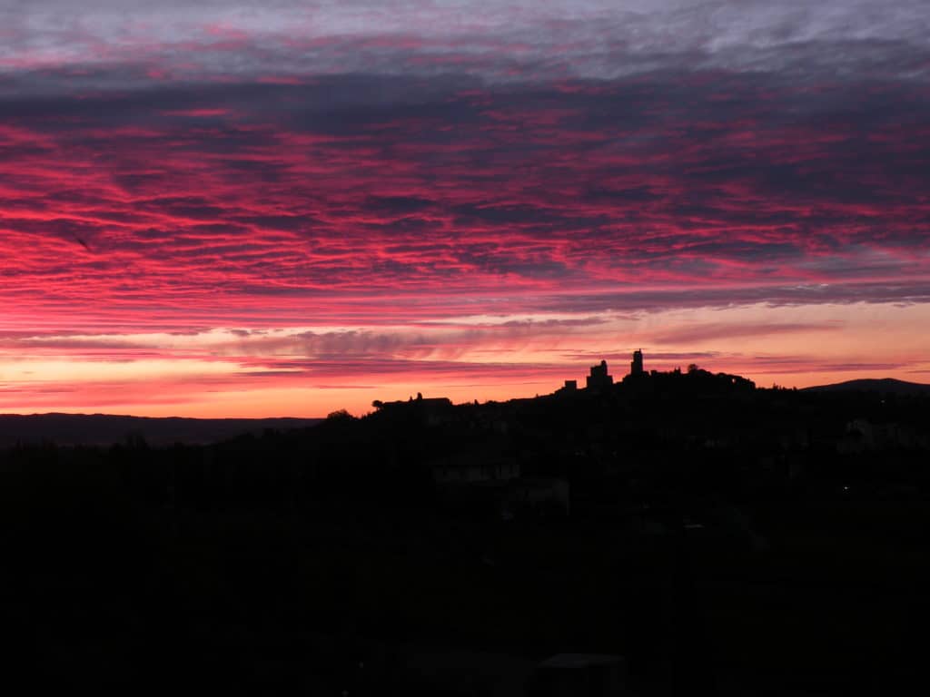 Sunrise over San Gimignano seen from my balcony at the Villa Ducci