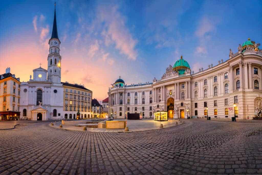 Cityscape image of Vienna, Austria with St. Michael's Square at sunrise