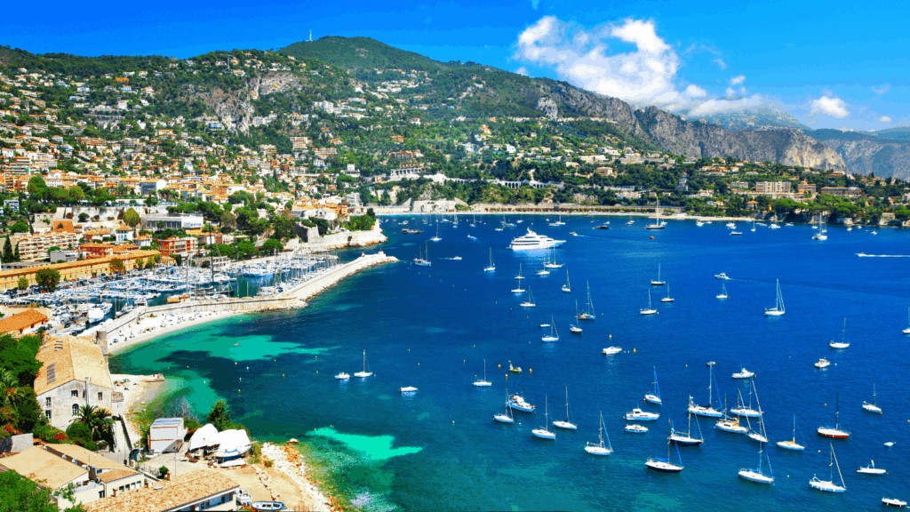 View of blue water and mountains on the Cote d'Azur in the south of France