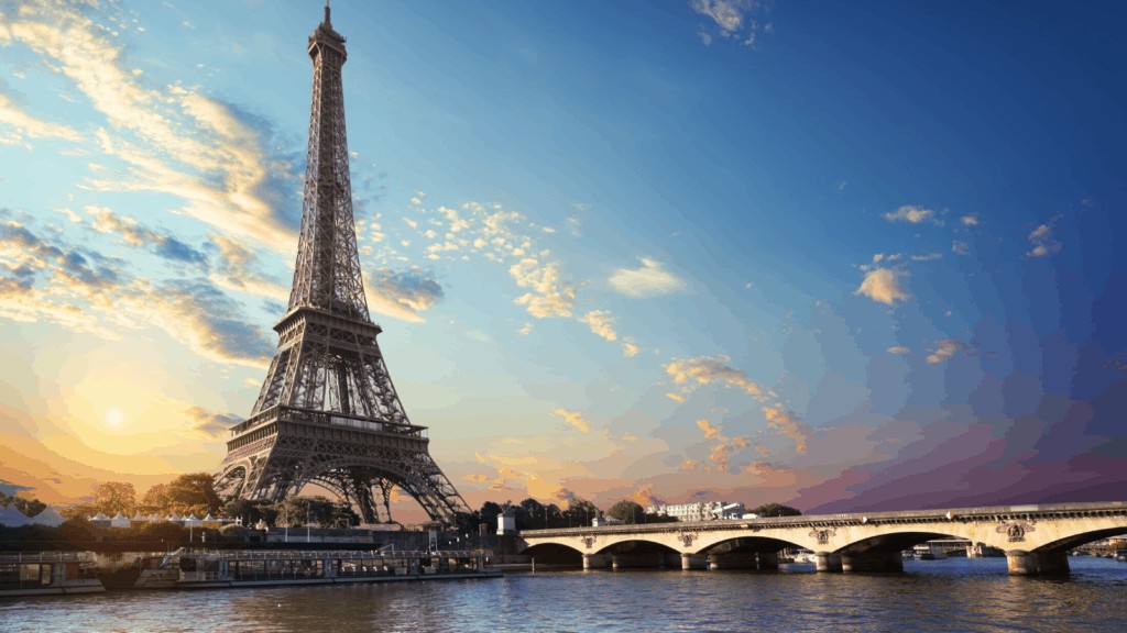 View of the Eiffel Tower and the Seine River in Paris 