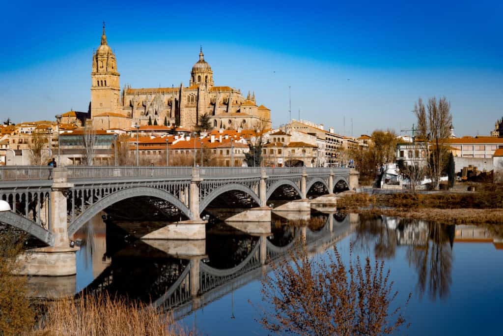 Cathedral of Salamanca next to the river in Salamanca, Spain
