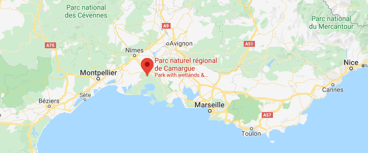 Map showing the location of the Parc naturel régional de Camargue
