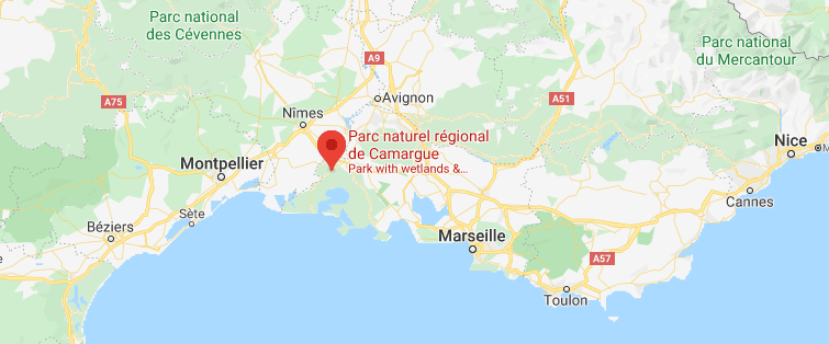 Map showing the location of the Parc naturel régional de Camargue