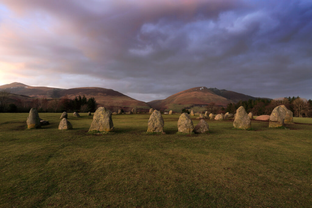 Winter dusk, Castlerigg Ancient Stone Circle, near Keswick Town, Lake District National Park, Cumbria County, England, UK