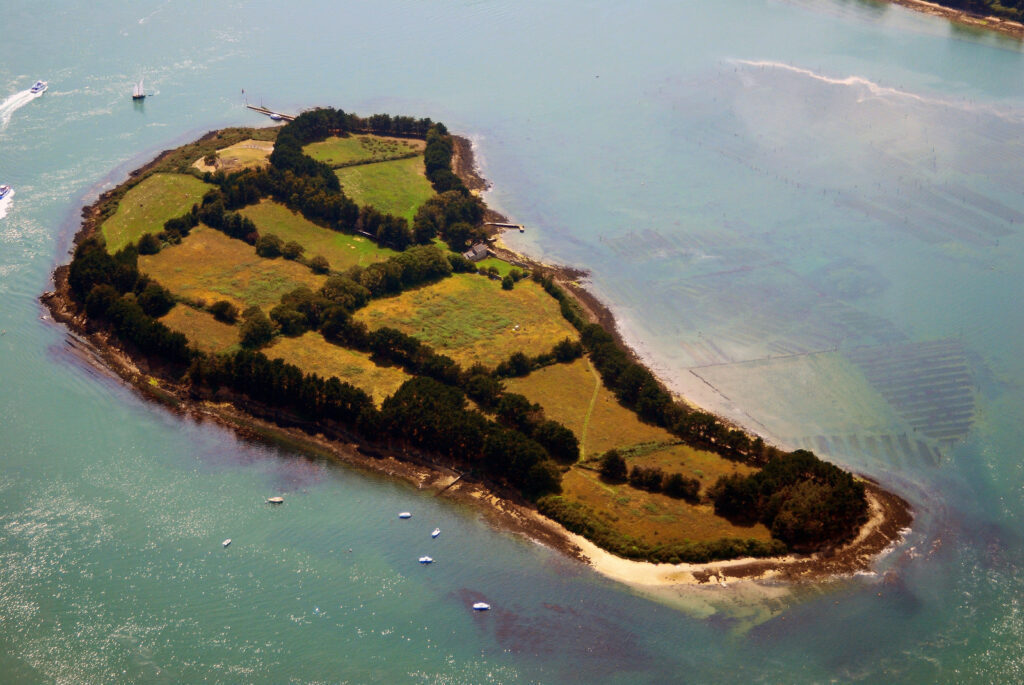 Aerial view of the Island of Gavrinis in the Gulf of Morbihan