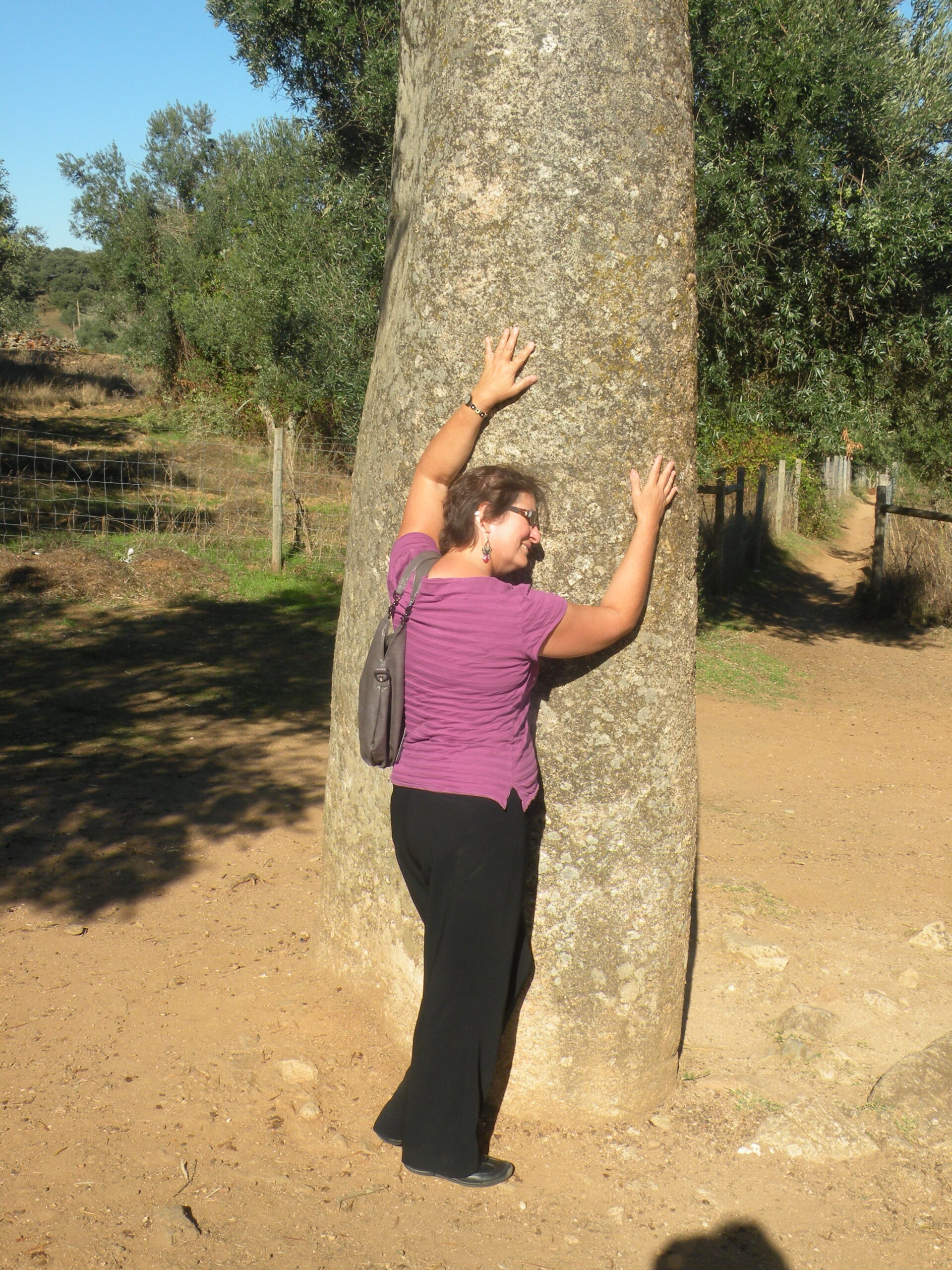 Carol at the Alemndres Menhir near Evora in Portugal