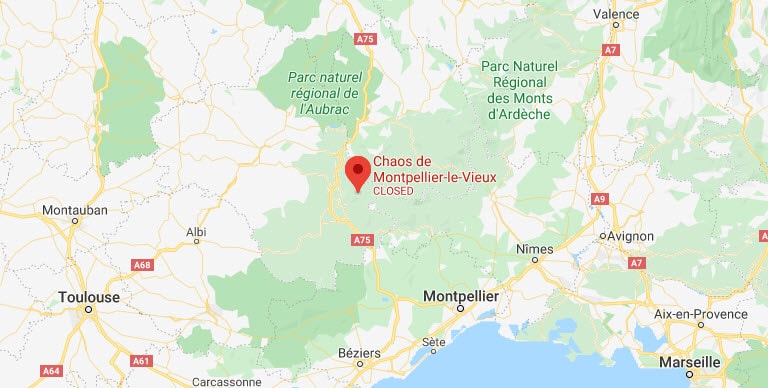 Map showing the location of the Chaos de Montpellier-le-Vieux in southwest France
