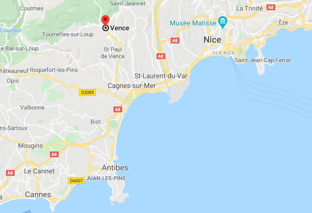 Map showing the location of Vence between Cannes and Nice