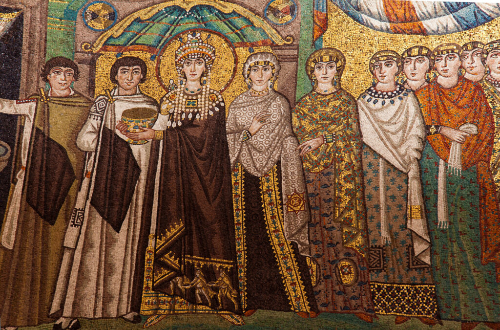 yzantine mosaic representing the Empress Theodora and her court in the Basilica San Vitale, Ravenna, Italy