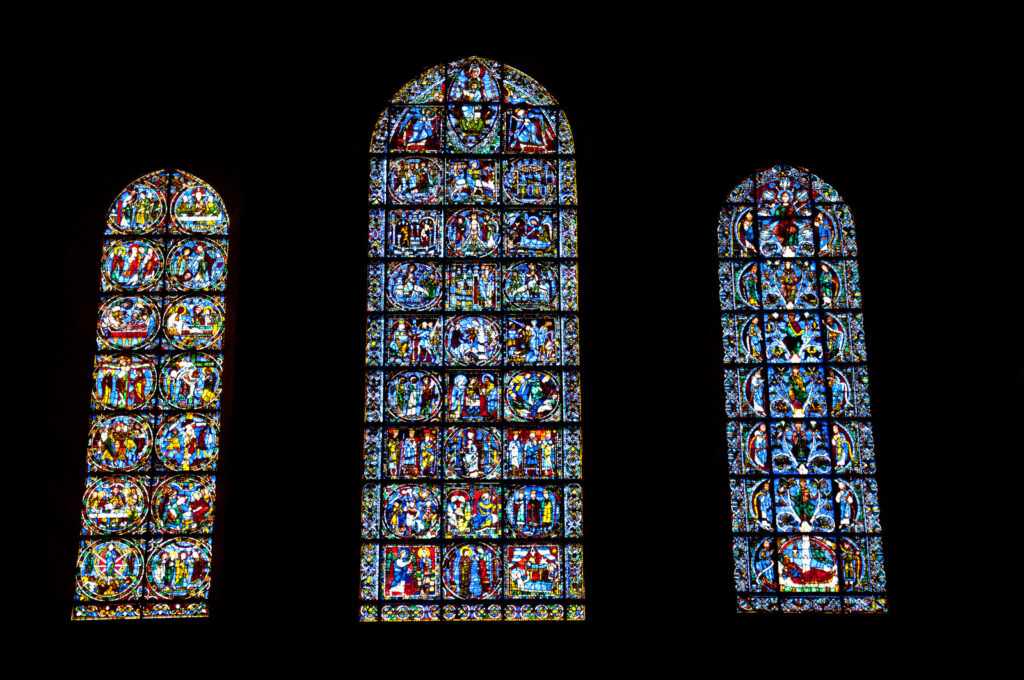 Stained glass windows in Chartres Cathedral, France