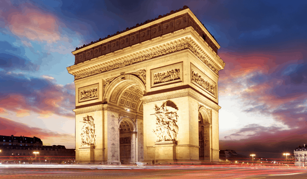 The Arc de Triomphe at sunset in Paris