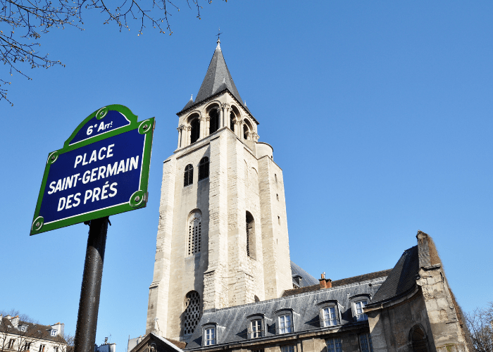 The tower with its distinctive grey spire of the Church of Saint-Germain-des-Pres in Paris