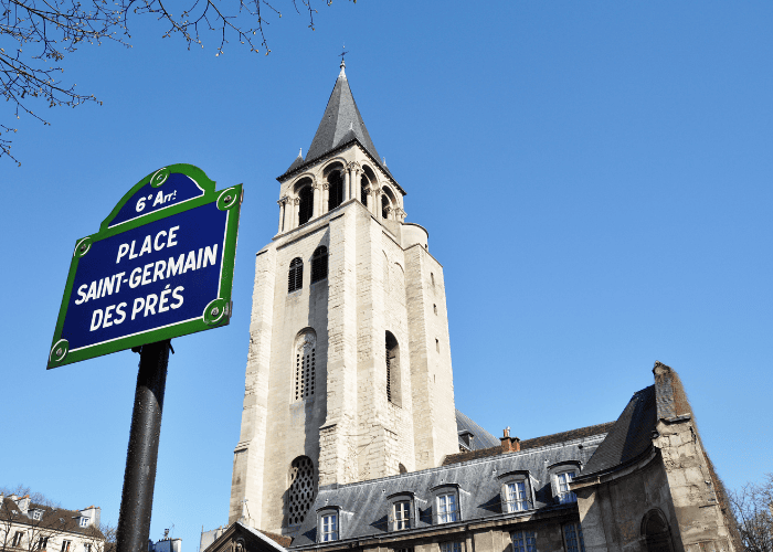 The tower with its distinctive grey spire of the Church of Saint-Germain-des-Pres in Paris