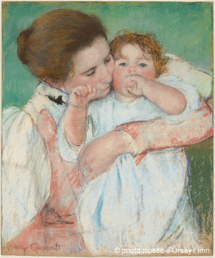 Painting titled Mere et enfant sur fond vert by  Mary Cassatt exhibited in the Musee d'Orsay in Paris