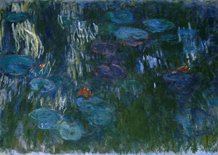 A detail from a painting of water lilies in the Gardens at Giverny by Claude Monet