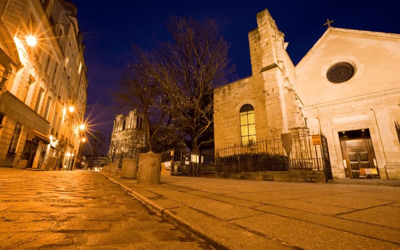 Exterior of Saint-Julien-le-Pauvre in the 5th arrondisement in Paris, across the Seine from Notre-Dame Cathedral. The church is a lovely venue for concerts and performances in Europe.