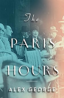 A misty blue book cover with an early 20th-century Parisian café scene, featuring characters sitting in vintage chairs, blending intrigue and nostalgia.