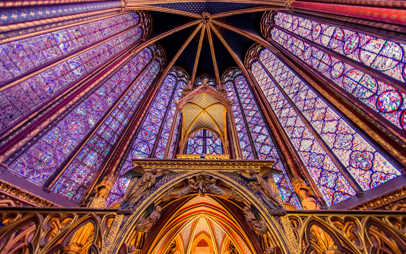 Stained glass in the interior of Sainte-Chapelle in Paris, one of the most beautiful venues for concerts and performances in Europe