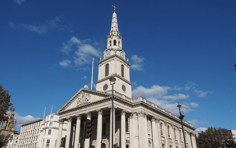 Exterior of Saint Martins-in-the-Fields in London, a venue for classical music concerts
