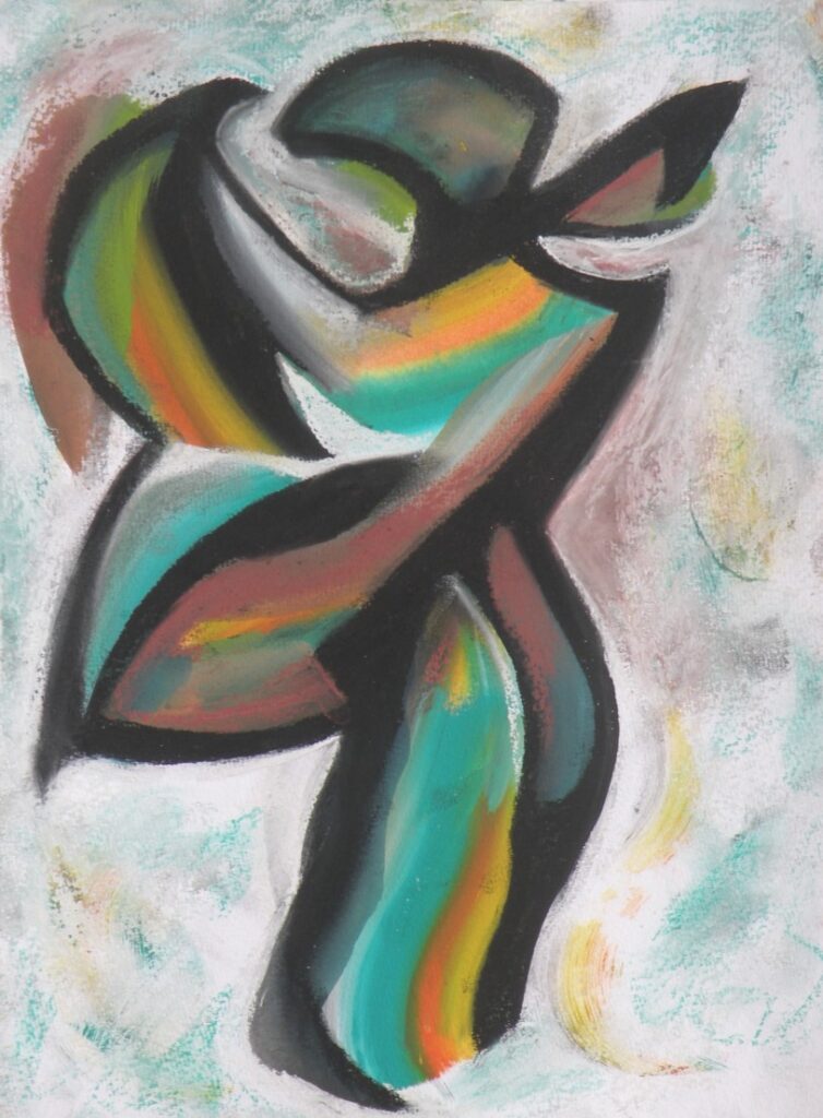 Abstract pastel drawing in blue and green tones showing a flamenco dancer with swirling skirts