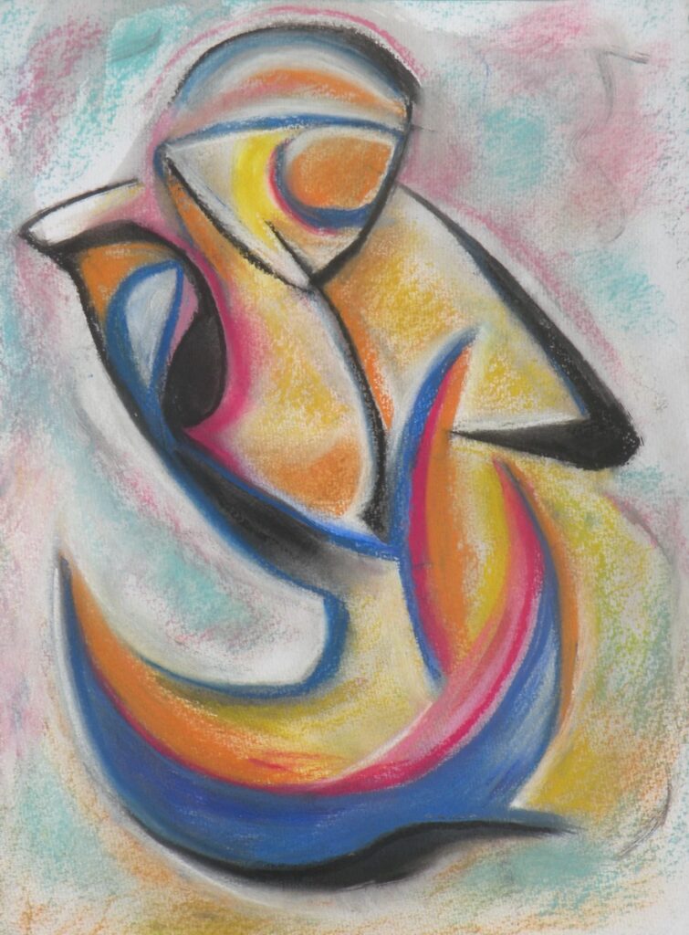 Abstract pastel drawing in pink and blue tones showing a flamenco dancer with swirling skirts