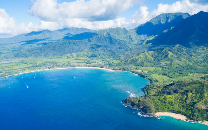Aerial view of Hanalei Bay on the North Shore of Kauai