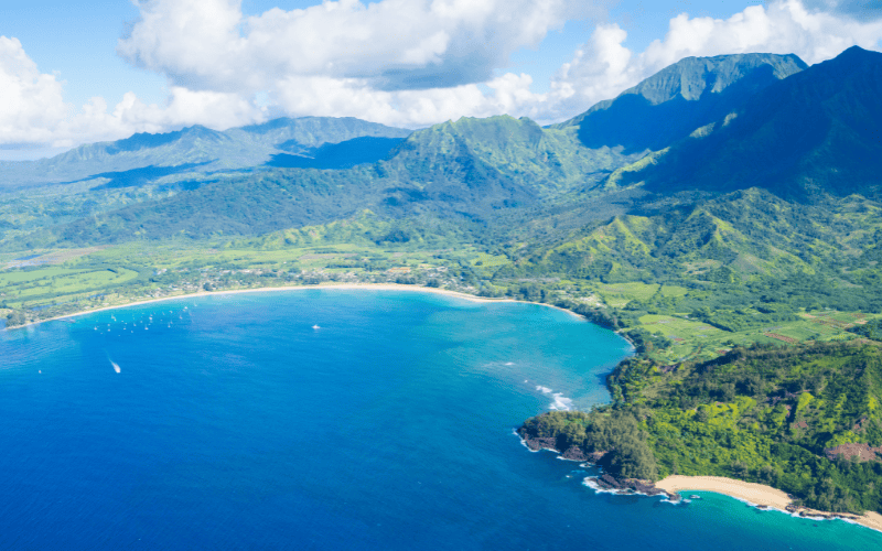 Aerial view of Hanalei Bay on the North Shore of Kauai