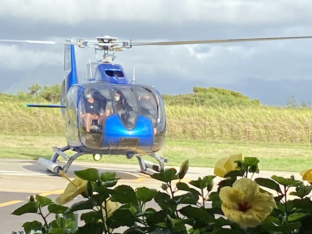 Helicopter touching down in Kauai