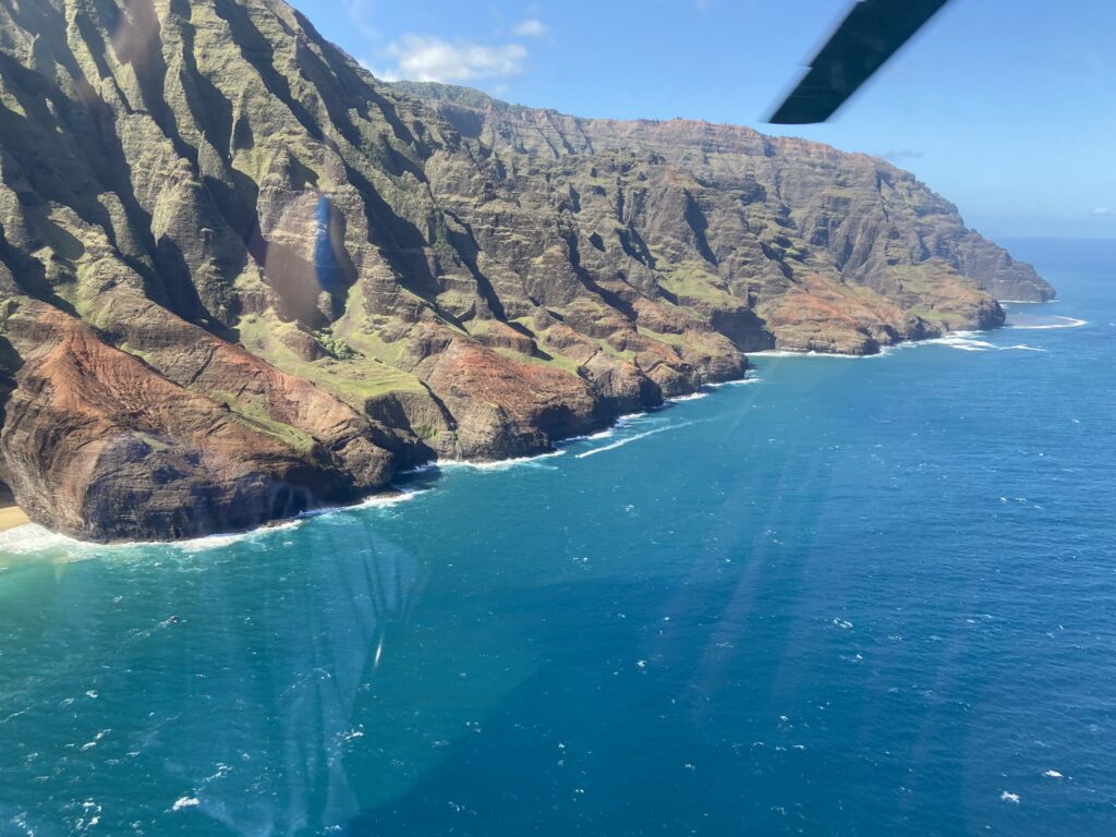 Napali coast viewed from a helicopter during a Blue Hawaiian helicopter ride over Kauai--a highlight of a Kauai vacation.