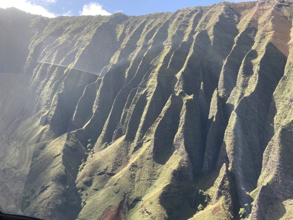 Close-up of the razor-sharp peaks and folds on Kauai's Napali coast as seen from a helicopter.