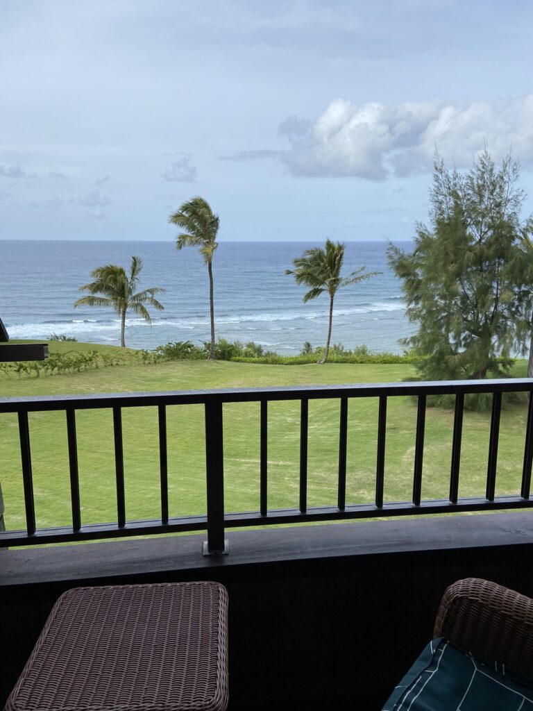 View of the Pacific Ocean with palm trees from the balcony of SeaLodge on Kauai's North Shore where the author stayed as a solo traveler.